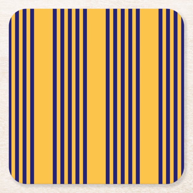 Navy blue and sunny yellow five stripes pattern square paper coaster (Front)