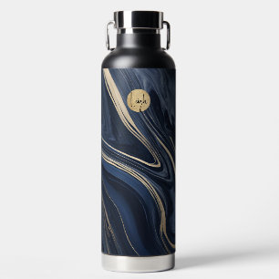Navy Blue and Tan Marbled No Plastic Water Bottle