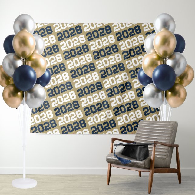 Navy Blue and Taupe Gold Graduation Backdrop Tapestry (Gold & Navy Repeating Class Year Graduation Backdrop for Senior Photos, Table Display or Photo Booth)