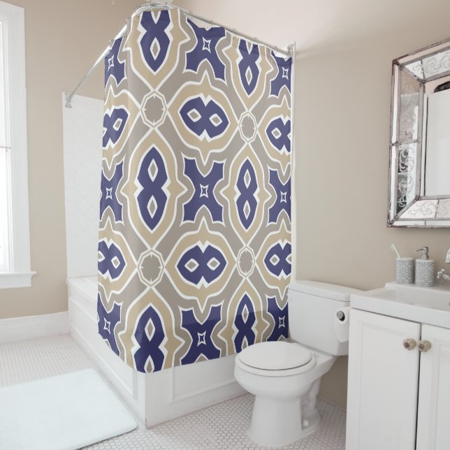 Navy Blue and Taupe Moroccan Shower Curtain (In Situ)