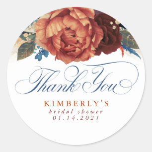 Navy Blue and Terracotta Floral Thank You Classic Round Sticker