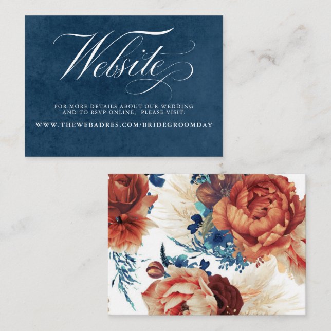Navy Blue and Terracotta Floral Wedding Website Business Card (Front/Back)