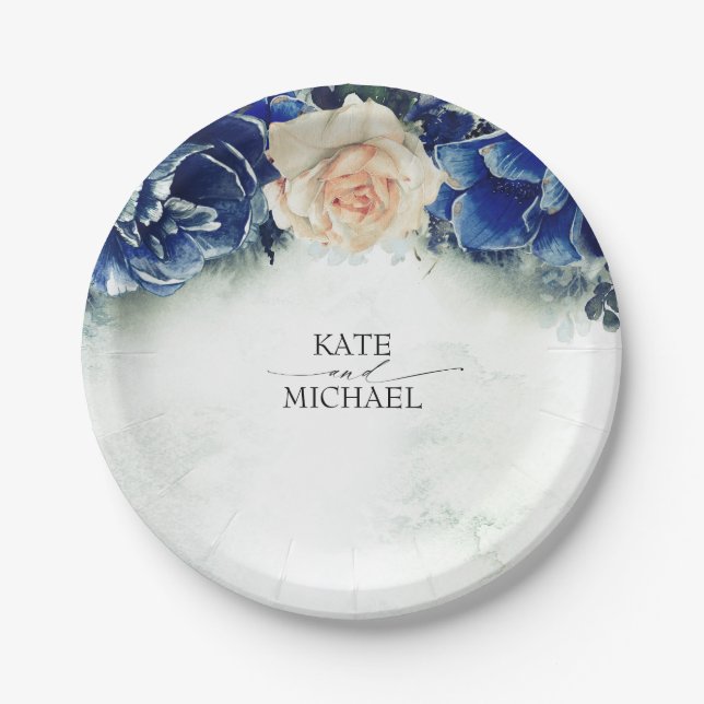 Navy Blue and Terracotta Orange Floral Wedding Paper Plate (Front)