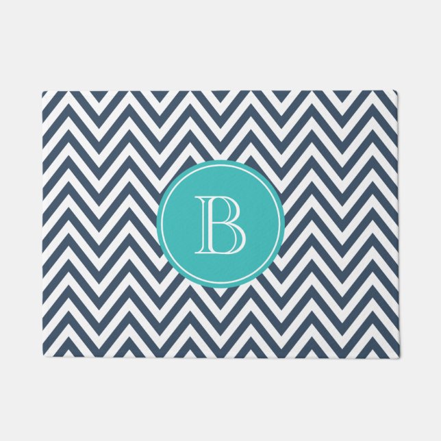 Navy Blue and Turquoise Chevron Custom Monogram Doormat (Front)