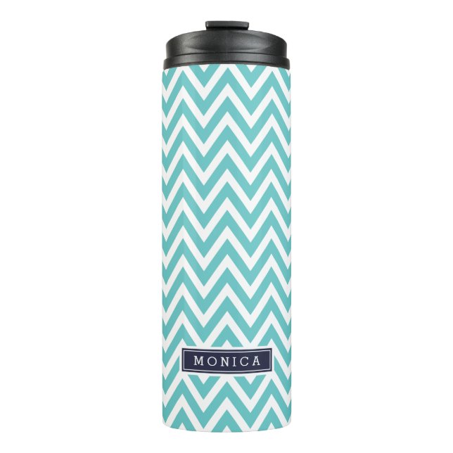 Navy Blue and Turquoise Chevron Monogram Thermal Tumbler (Front)