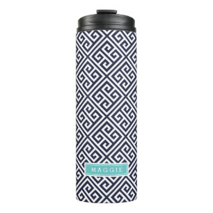 Navy Blue and Turquoise Greek Key Monogram Thermal Tumbler