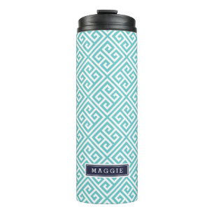 Navy Blue and Turquoise Greek Key Monogram Thermal Tumbler