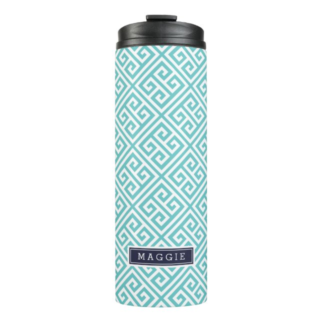 Navy Blue and Turquoise Greek Key Monogram Thermal Tumbler (Front)