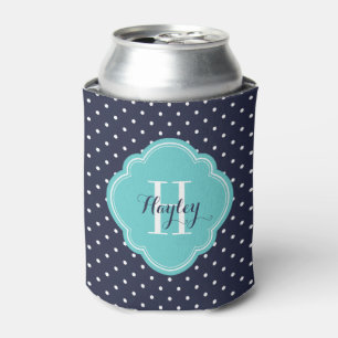 Navy Blue and Turquoise Polka Dots Monogram Can Cooler