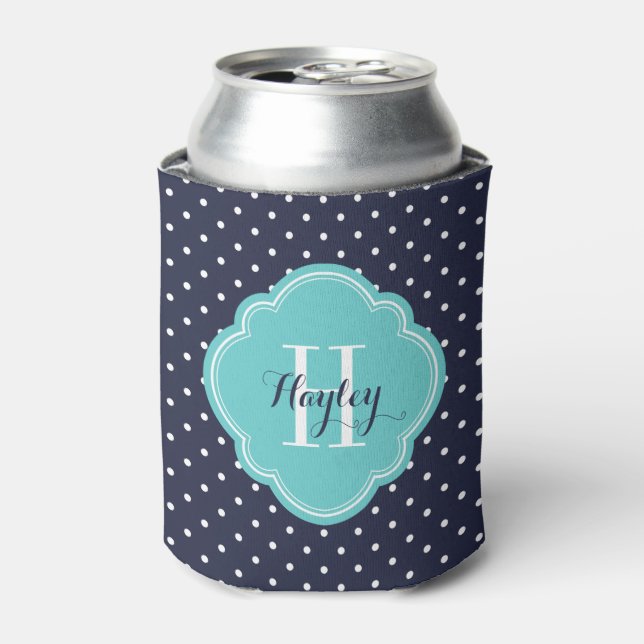 Navy Blue and Turquoise Polka Dots Monogram Can Cooler (Can Front)