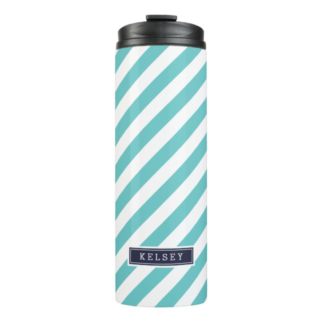 Navy Blue and Turquoise Preppy Stripes Monogram Thermal Tumbler (Front)