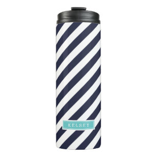 Navy Blue and Turquoise Preppy Stripes Monogram Thermal Tumbler