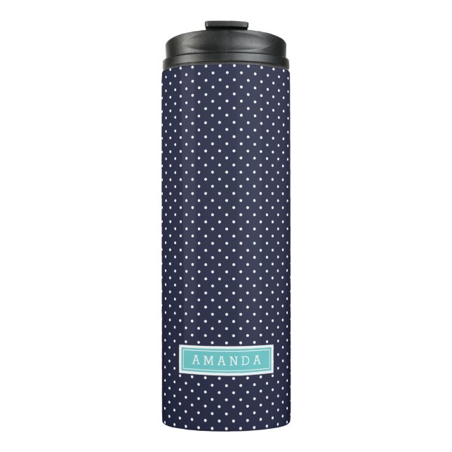 Navy Blue and Turquoise Tiny Dots Monogram Thermal Tumbler (Front)
