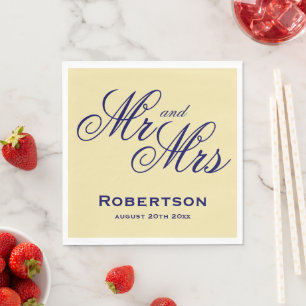 Navy blue and vanilla color Mr and Mrs wedding Napkin