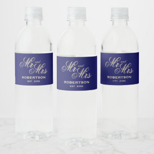Navy blue and vanilla cream Mr and Mrs wedding Water Bottle Label