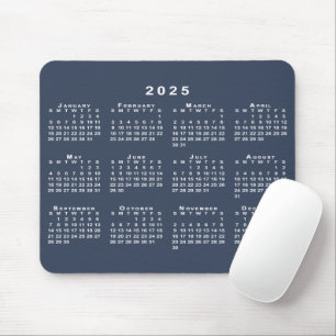 Navy Blue and White 2025 Calendar Mouse Mat