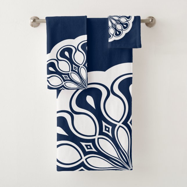 Navy Blue and White Abstract Modern Mandala Bath Towel Set (Insitu)