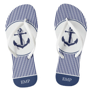 Navy Blue and White Anchor and Striped  Flip Flops