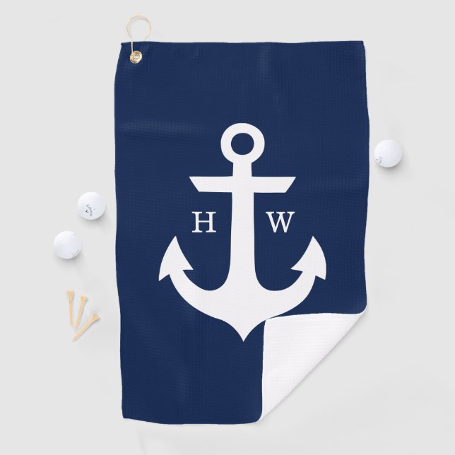 Navy Blue and White Anchor Monogram Golf Towel (InSitu)