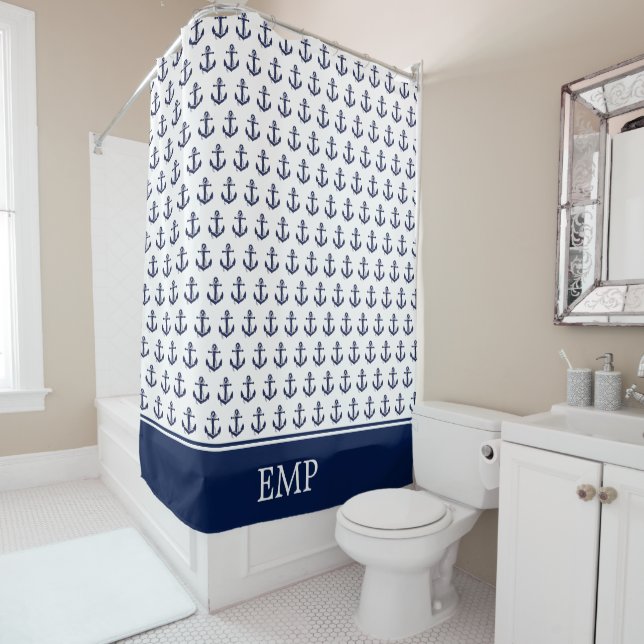 Navy Blue and White Anchor Monogram Shower Curtain (In Situ)