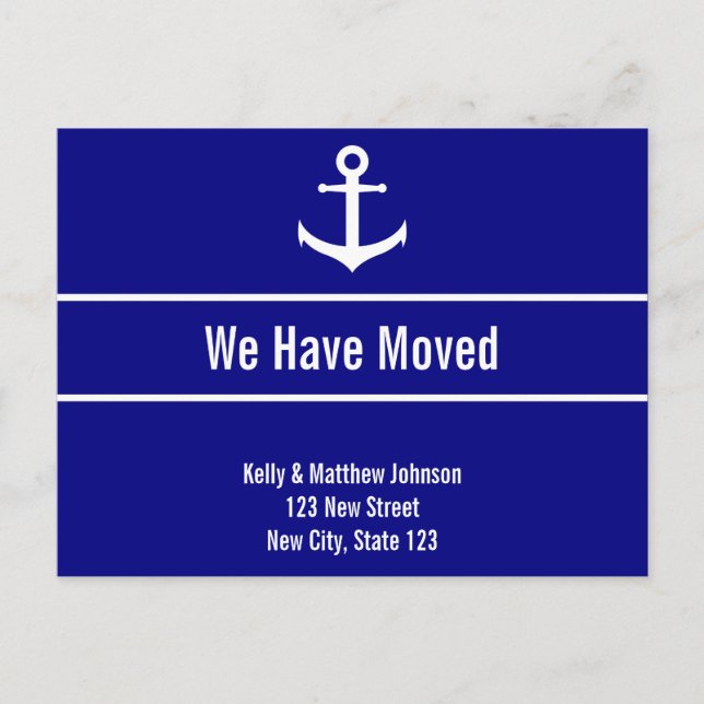 Navy Blue and White Anchor Moving Announcement Postcard (Front)