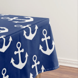 Navy Blue and White Anchors Nautical Pattern Tablecloth