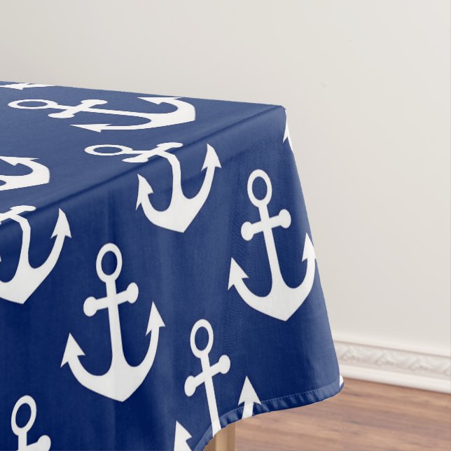 Navy Blue and White Anchors Nautical Pattern Tablecloth (In Situ)