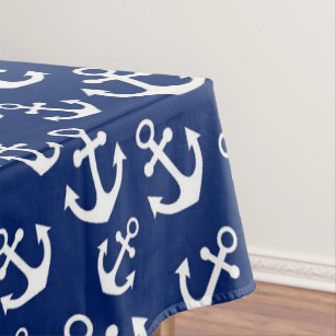 Navy Blue and White Anchors Nautical Pattern Tablecloth