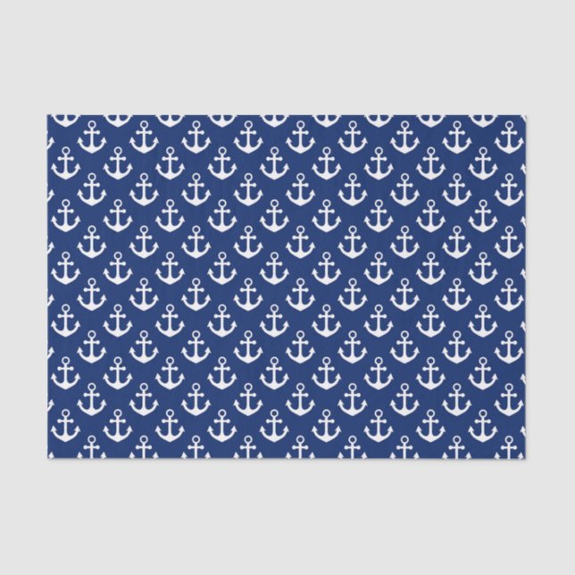 Navy Blue and White Anchors Nautical Pattern Tissue Paper (Front)