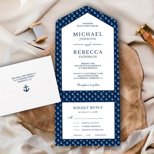 Navy Blue and White Anchors Nautical Wedding All In One Invitation (Creator Uploaded)