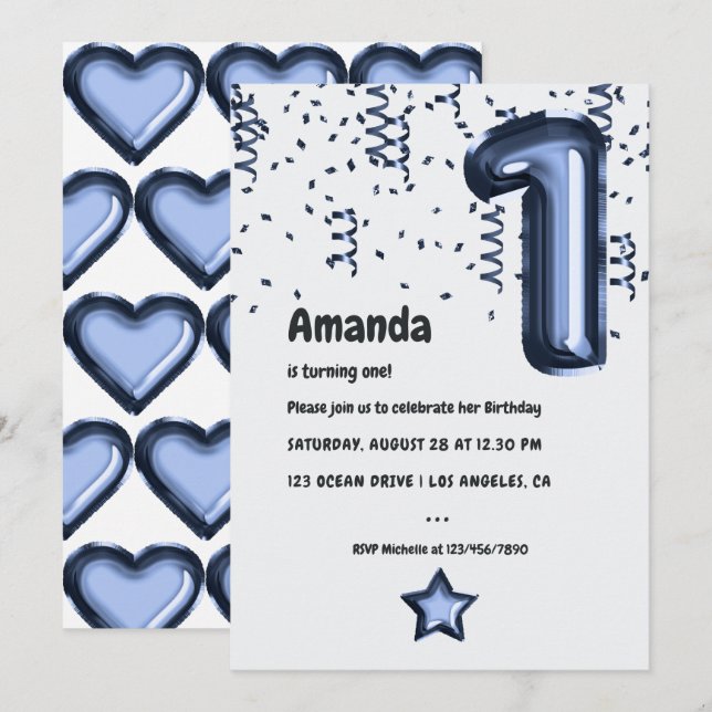 Navy Blue and White Balloon 1st Birthday Invitation (Front/Back)