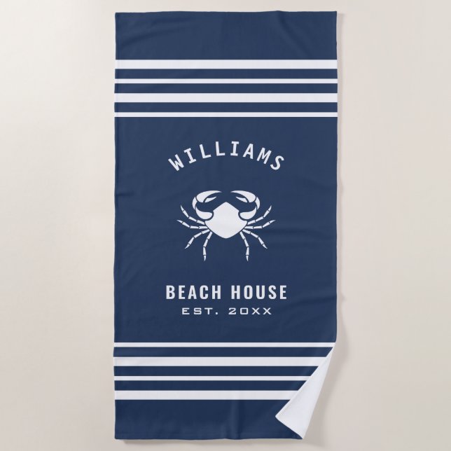Navy Blue And White Beach House Family Name Crab Beach Towel (Front)
