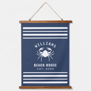Navy Blue And White Beach House Family Name Crab Hanging Tapestry