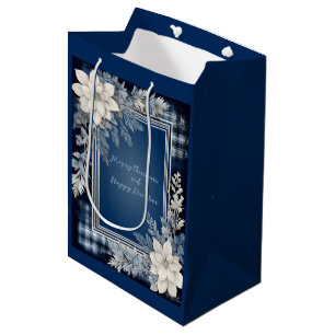 Navy Blue and White Beautiful Christmas Floral Medium Gift Bag