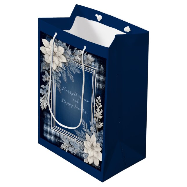 Navy Blue and White Beautiful Christmas Floral Medium Gift Bag (Front Angled)