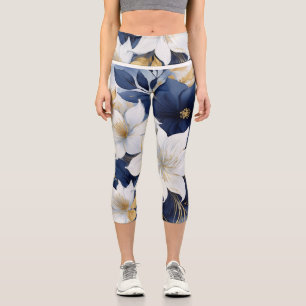 Navy Blue and White Botanical Flowers Capri Leggings
