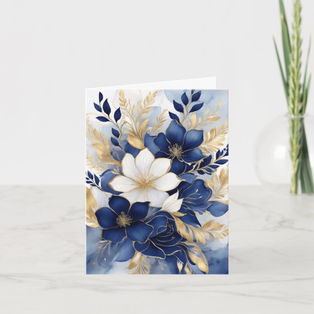 Navy Blue and White Botanical Flowers Note Card (Front)