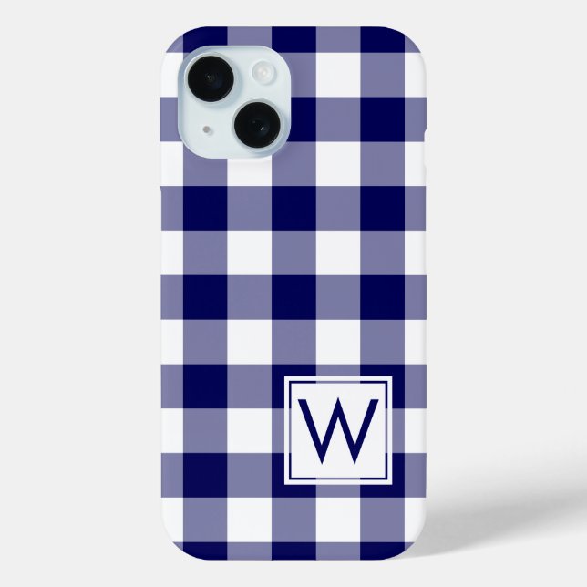 Navy Blue and White Buffalo Plaid with Monogram Case-Mate iPhone Case (Back)