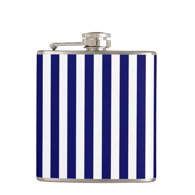 Navy blue and white candy stripes hip flask (Front)