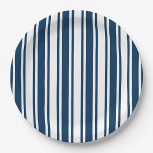 Navy blue and white candy stripes paper plate
