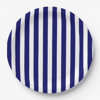 Navy blue and white candy stripes paper plate