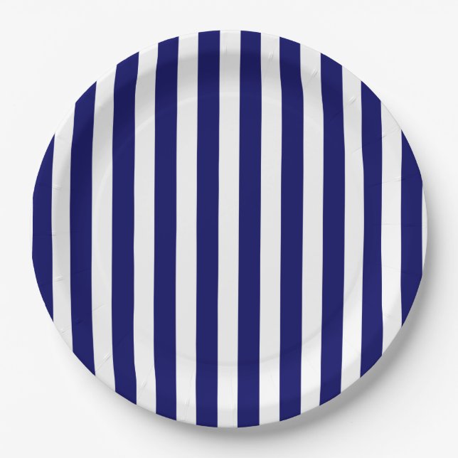 Navy blue and white candy stripes paper plate (Front)