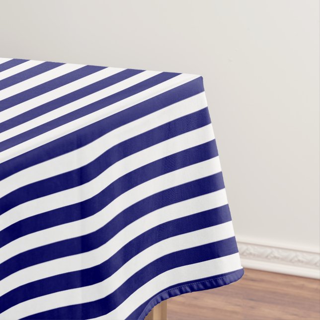 Navy blue and white candy stripes tablecloth (In Situ)