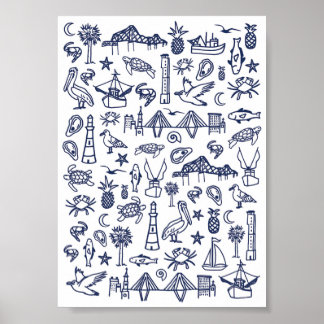 Navy Blue and White Charleston Toile Mini Poster