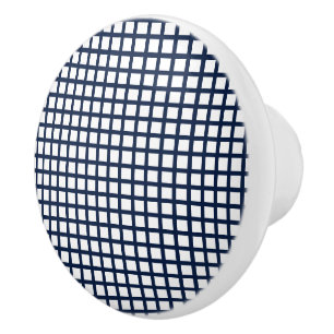 Navy Blue and White Checked Ceramic Knob