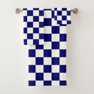 Navy Blue and White Chequerboard Pattern Bath Towel Set