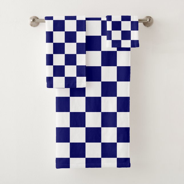 Navy Blue and White Chequerboard Pattern Bath Towel Set (Insitu)