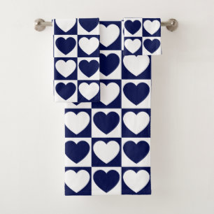 Navy Blue and White Chequered Pattern With Hearts Bath Towel Set