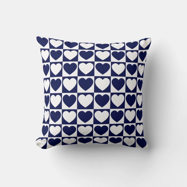 Navy Blue and White Chequered Pattern With Hearts Cushion (Front)