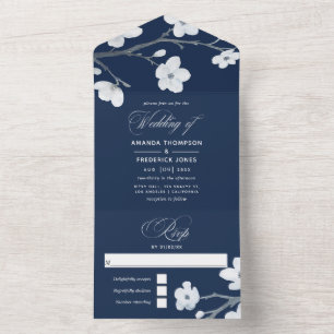 Navy Blue and White Cherry Blossoms Wedding All In One Invitation